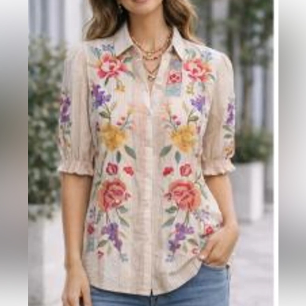 Johnny Was Beige Embroidered Floral Button-Down blouse